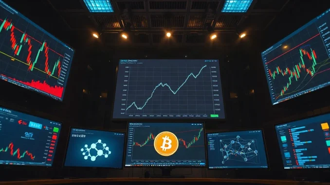 Trading screens showing Bitcoin price charts and blockchain network graphics