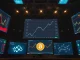 Trading screens showing Bitcoin price charts and blockchain network graphics