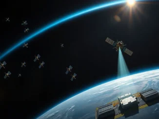 Satellite with laser link to a ground data center in orbit above Earth