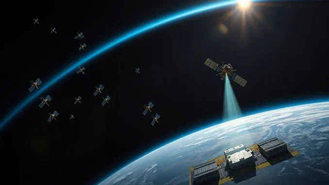 Satellite with laser link to a ground data center in orbit above Earth