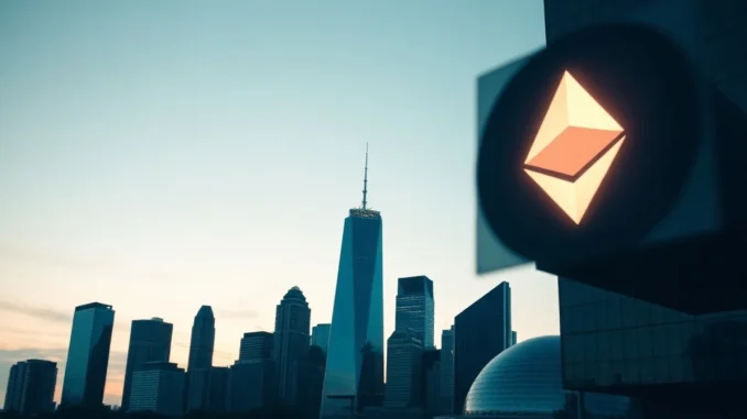 Ethereum symbol over a financial district skyline at dusk, representing the staking policy debate