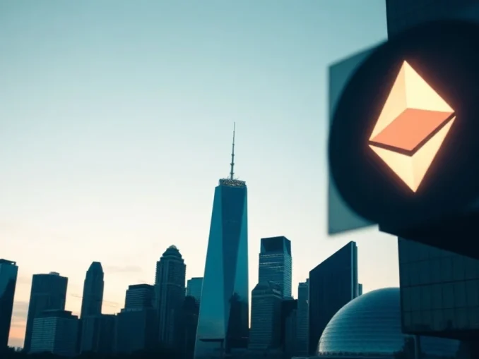 Ethereum symbol over a financial district skyline at dusk, representing the staking policy debate