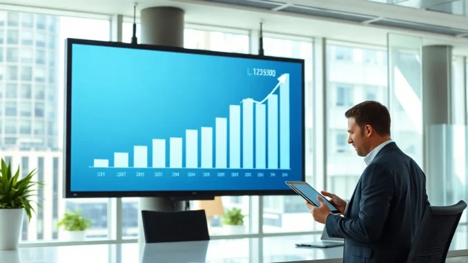 Analyst reviewing financial data on a screen in a modern fintech office, representing Figure's loan marketplace growth.