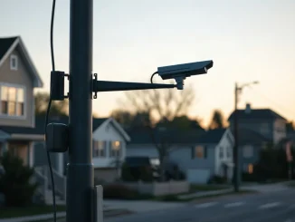 A pole-mounted surveillance camera overlooking a residential street at dusk, representing Flock Safety's technology.