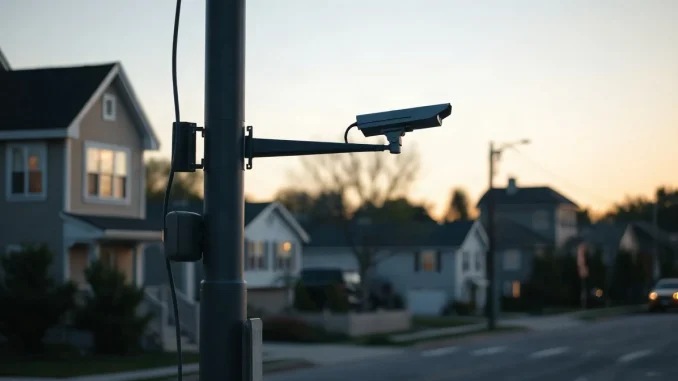 A pole-mounted surveillance camera overlooking a residential street at dusk, representing Flock Safety's technology.