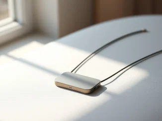 A close-up of the Friend AI wearable device resting on a fabric surface.