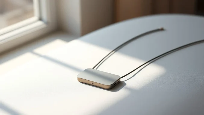 A close-up of the Friend AI wearable device resting on a fabric surface.