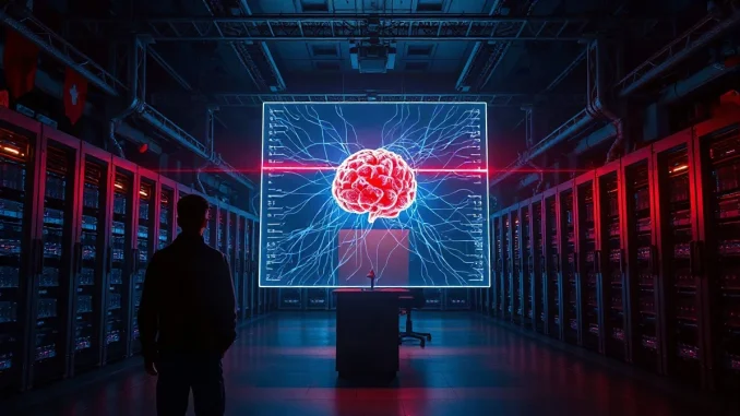 Engineer monitoring a glowing AI neural network display in a data center control room, representing rogue AI containment.
