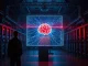 Engineer monitoring a glowing AI neural network display in a data center control room, representing rogue AI containment.