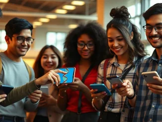 Students using Google's AI study tools on smartphones, showing a 3D DNA model
