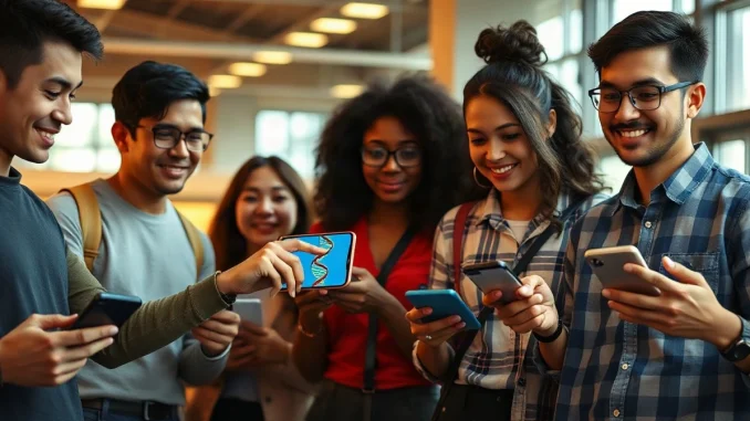 Students using Google's AI study tools on smartphones, showing a 3D DNA model