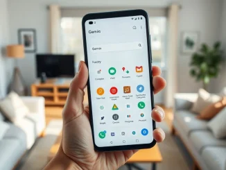 Hand holding a smartphone showing the Google Gemini app interface with multiple feature icons in a cluttered layout