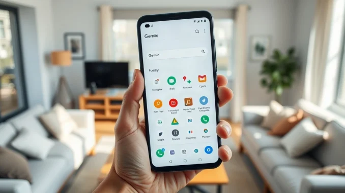 Hand holding a smartphone showing the Google Gemini app interface with multiple feature icons in a cluttered layout