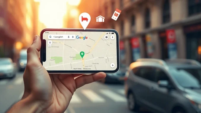 Smartphone showing Google Maps interface with AI assistant features for ordering food and booking hotels