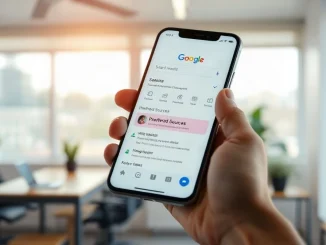 Hand holding a smartphone showing a Google search results page with a preferred sources option