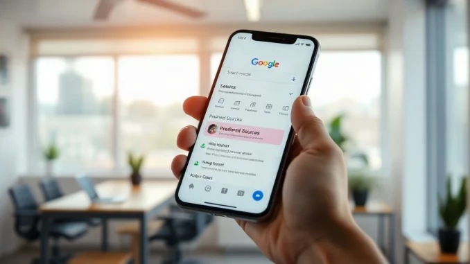 Hand holding a smartphone showing a Google search results page with a preferred sources option