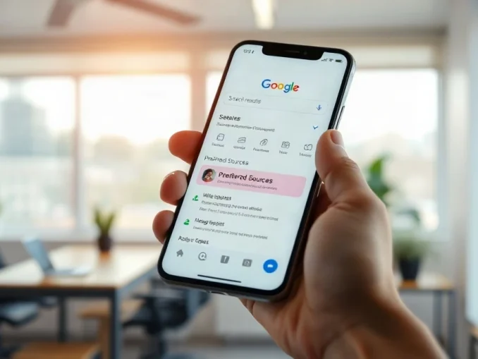 Hand holding a smartphone showing a Google search results page with a preferred sources option