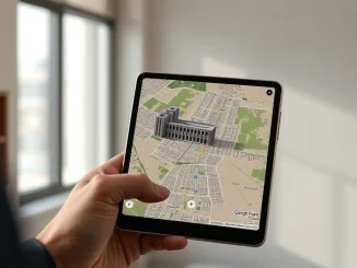 Person holding a phone showing a Google Earth satellite map with an AI-generated building overlay