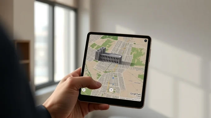 Person holding a phone showing a Google Earth satellite map with an AI-generated building overlay