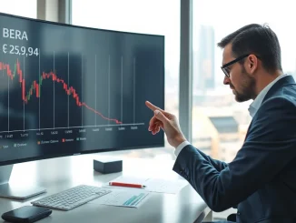 Analyst reviewing declining BERA token chart on screen in office setting