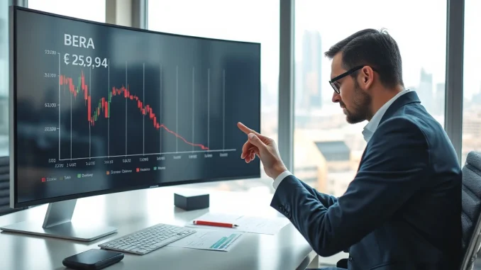 Analyst reviewing declining BERA token chart on screen in office setting