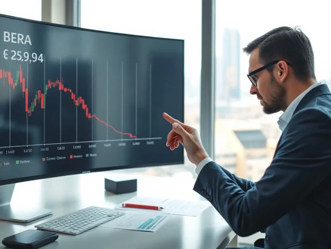 Analyst reviewing declining BERA token chart on screen in office setting