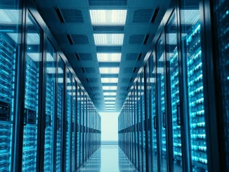 Interior of a modern AI data center with GPU server racks glowing blue