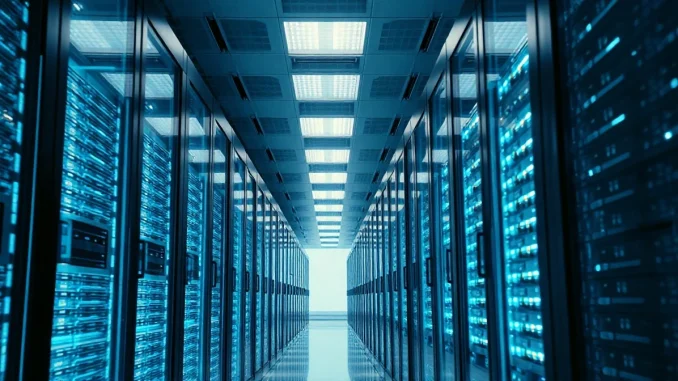 Interior of a modern AI data center with GPU server racks glowing blue