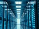 Interior of a modern AI data center with GPU server racks glowing blue