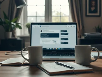 Laptop screen showing a chatbot interface on a desk with a notebook and coffee mug