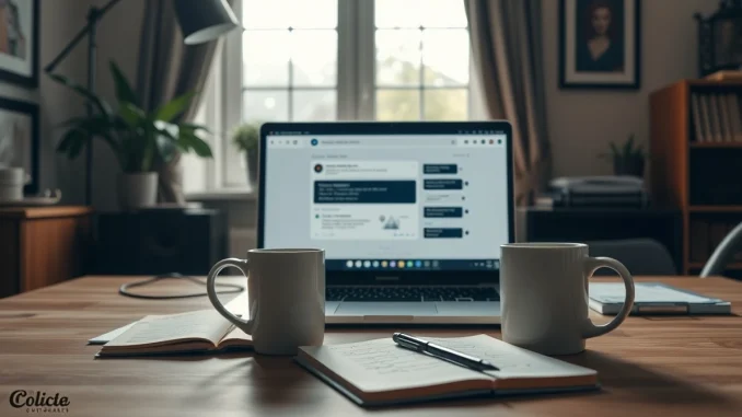 Laptop screen showing a chatbot interface on a desk with a notebook and coffee mug