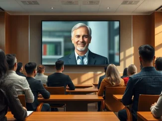 Students at Harvard Business School pitch to an AI avatar of an instructor on a large screen.