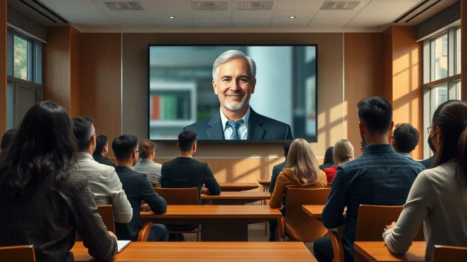 Students at Harvard Business School pitch to an AI avatar of an instructor on a large screen.