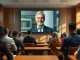 Students at Harvard Business School pitch to an AI avatar of an instructor on a large screen.