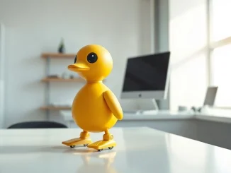 Hugging Face Microduck, a small yellow duck-shaped open-source robot with a camera and roller skates