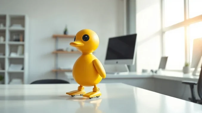 Hugging Face Microduck, a small yellow duck-shaped open-source robot with a camera and roller skates