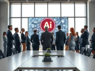 Business professionals reviewing AI network graphics on a large screen in a modern conference room