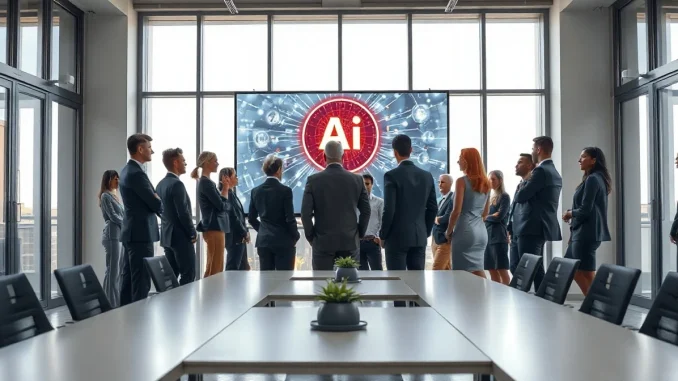 Business professionals reviewing AI network graphics on a large screen in a modern conference room