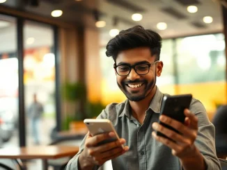 Young Indian professional using a smartphone with a payment confirmation screen in a cafe, symbolizing rising app spending.