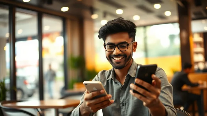 Young Indian professional using a smartphone with a payment confirmation screen in a cafe, symbolizing rising app spending.
