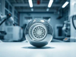 Close-up of a fusion fuel pellet with a diamond shell on a manufacturing platform in a lab