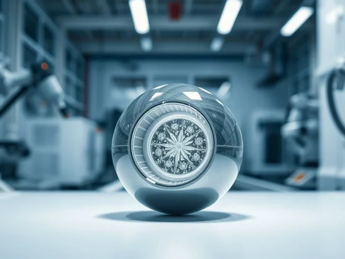 Close-up of a fusion fuel pellet with a diamond shell on a manufacturing platform in a lab