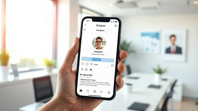 Smartphone displaying an Instagram profile with an AI-generated profile label