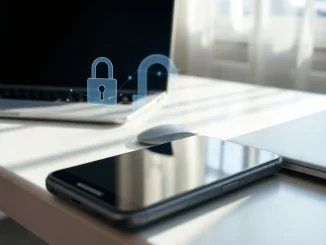 Smartphone and laptop on a desk with a digital padlock icon symbolizing AI data privacy concerns.