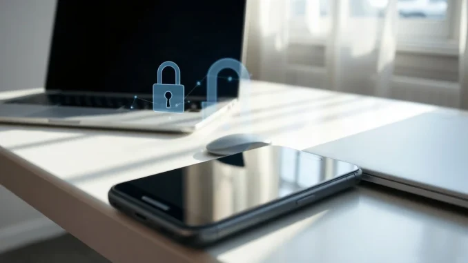 Smartphone and laptop on a desk with a digital padlock icon symbolizing AI data privacy concerns.