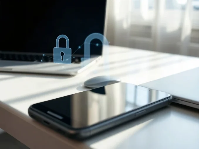 Smartphone and laptop on a desk with a digital padlock icon symbolizing AI data privacy concerns.