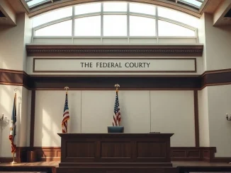 Federal courthouse interior with judge's bench and American flag, symbolizing the legal ruling in the Kalshi case.