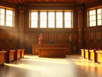 Interior of a federal courthouse in San Francisco with judge's bench and American flag