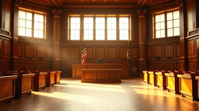 Interior of a federal courthouse in San Francisco with judge's bench and American flag