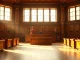 Interior of a federal courthouse in San Francisco with judge's bench and American flag